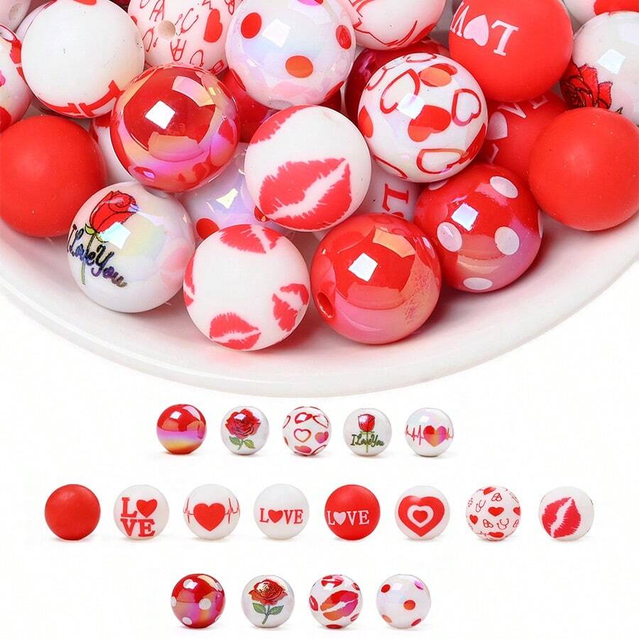 40pcs Valentine's Day Theme Acrylic Beads + Silicone Round Beads Set, Bracelet Necklace Jewelry Making, Red Rose/Red Lip/Heart Polka Dot Printed Round Beads, DIY Valentine's Day Gift Accessories - Multicolor - View 1