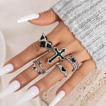 5pcs/Set Fashionable Exquisite Black Heart & Cross With Rhinestone Detail Adjustable Oil Drop Open Ring, Perfect For Festival Gift Valentines