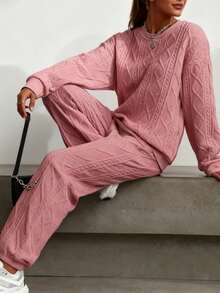 New Autumn And Winter Solid Color Woven Casual Loose Women's Sweater Suit, Women's Casual Polyester Fiber Round Neck Long Sleeve Sweater Pants Suit, Solid Color Fabric, All Season Casual Wear,Cable Knit Two-Piece Set: Hoodie & Joggers, Retro Texture For Cozy Daily Wear,Relaxed Cable Knit Outfit: Soft Fabric, Matching Design, Versatile For Casual/Chill - 粉色 - 查看 4