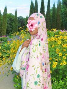 1pc Women's Bohemian Style Watercolor Tie-Dye Floral Print Hijab, Casual Street Wear Hijab Model, Suitable Daily Wear, Spring/Summer Dress - 粉色 - 查看 2