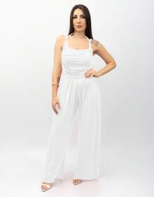 Women's Long Leg Jumpsuit With Double Straps And Front Pleats - Casual Elegant Style - Blanco - Ver 7
