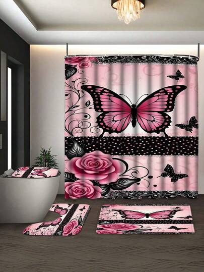 1/3/4 Piece Pink Butterfly Toilet U-Shaped Pad, Toilet Seat Cover, Bathroom Decor, Bathroom Shower Curtain Set With 12 Hooks, Bathroom Non-Slip Mat, Toilet Seat Cover And U-Shaped, Bathroom Window Curtain Shower Set, Modern Home Room Decor, Decorative Hanging Curtain, Suitable For Home Decor, Bathroom Decor, Decorations