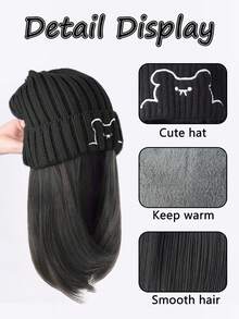合成假发帽 可爱假发帽，帽子接发 直发黑色假发帽 带合成发片 女士女孩冬季 - 冷棕色/棕色/黑色 - 彩色 - 查看 3