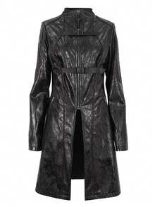 Devil fashion Gothic Style Long Sleeve Jacket With Textured Belt, Metal Buckle, Red Stitching Trim And Stand Collar - Black - View 15