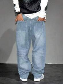 Jeans de mezclilla casuales y holgados con bolsillos, de estilo vintage para hombres - Azul lavado medio - Ver 3