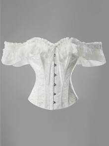 Vintage Palace Style Jacquard Front Button, Back Cinched Waist Bodysuit, Women's Christmas Dress With Lace Sleeves And Off-Shoulder - White - View 1