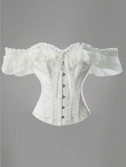 Vintage Palace Style Jacquard Front Button, Back Cinched Waist Bodysuit, Women's Christmas Dress With Lace Sleeves And Off-Shoulder