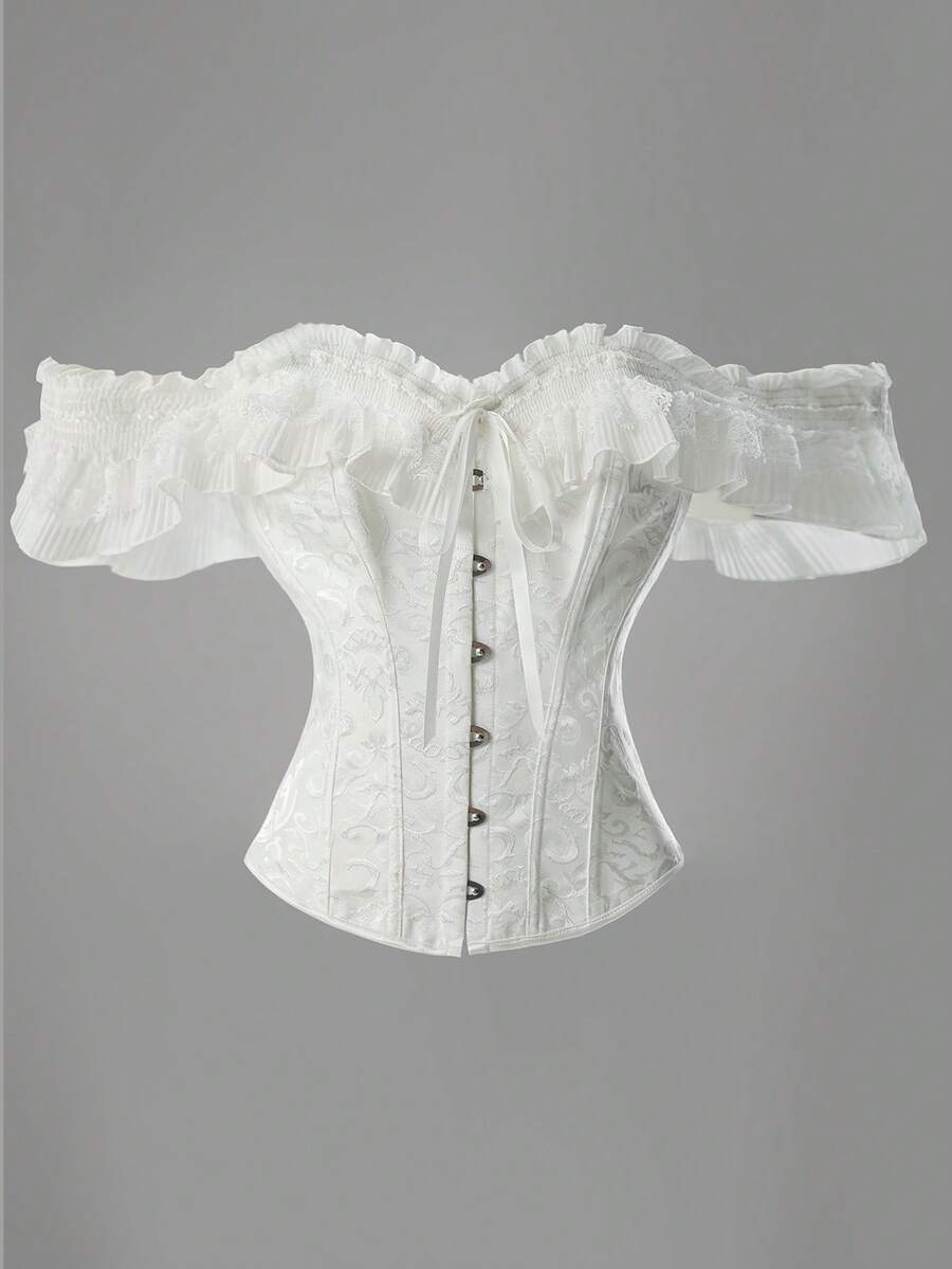 Vintage Palace Style Jacquard Front Button, Back Cinched Waist Bodysuit, Women's Christmas Dress With Lace Sleeves And Off-Shoulder - White - View 1