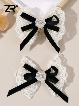 2pcs Floral Hair Clips, Lace Black Velvet Bow Decor Hair Accessories, Elegant Bowknot Hair Clips, Alligator Clips, Stylish Hair Decorations, Women Daily Hair Accessories