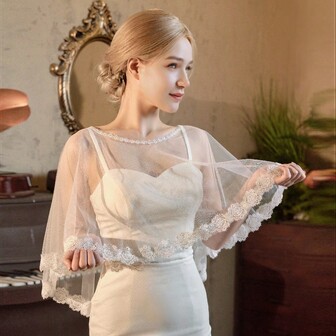 1pc Elegant Vintage-Style Floral Print Bridal Shawl, Handmade Short Bolero Jacket For Wedding Dress
