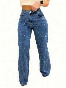 Sweet & Cool Pearl Embellished Washed Straight Leg Jeans - Women's Mid Rise Non-Stretch Denim - 深色水洗藍 - 查看 2