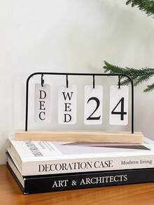 1pc Minimalist Wooden Base Desktop Calendar, Creative Flip Page Calendar, Suitable For Home Living Room, Dining Room, Coffee Table, Office Desk Decor, Manual Flip Date Display, Daily Use, Iron Structure, English Display, Adjustable Date Setting, Convenient For Home Or Office Organization. - Multicolor - View 6