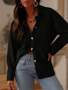 Women's Solid Color V-Neck Button Front Casual Long Sleeve Shirt - Black - View 1