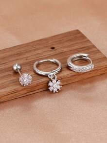 3件套时尚小颗粒水晶花朵耳环套装，女士女孩适用，18K镀金不锈钢圈形耳环，婚礼浪漫珠宝礼物 - 3Pcs for One Ear - 查看 3