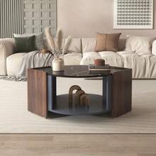 Coffee Table, Textured Coffee Table Made Of Marble And Walnut In Contrasting Colors. Living Room Table With Unique Lines. - 黑色 - 查看 2