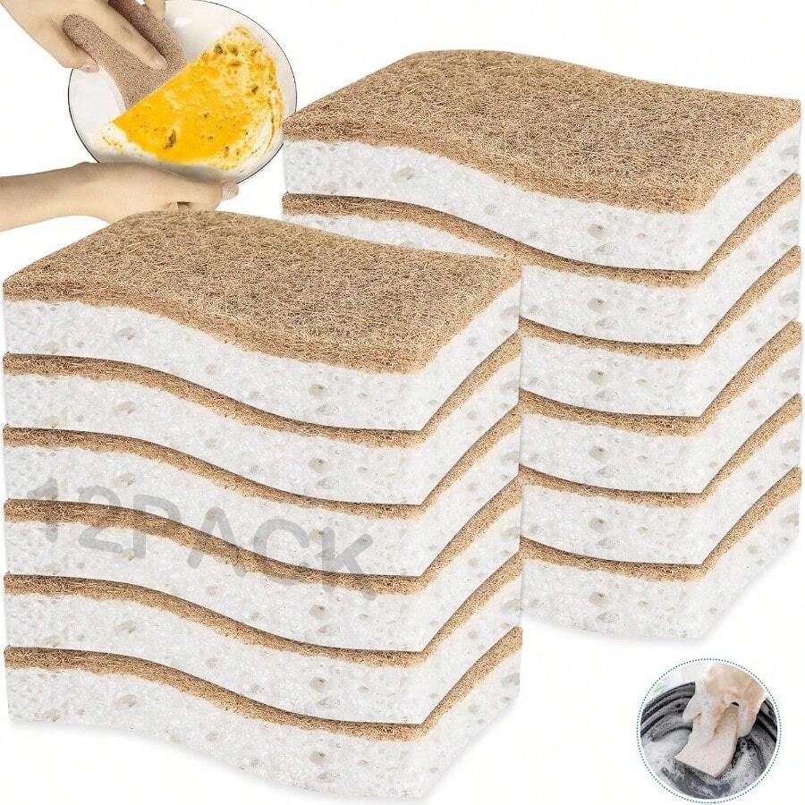 12 PCS Esponjas de Cocina NaturalesEsponjas de Limpieza de Cocina Esponja de Doble Cara Respetuosa con El Medio Ambiente Sin Arañazos Esponja Ecológica para Lavar y Limpiar Secado Rápido Sin Olor - Gris - Ver 1