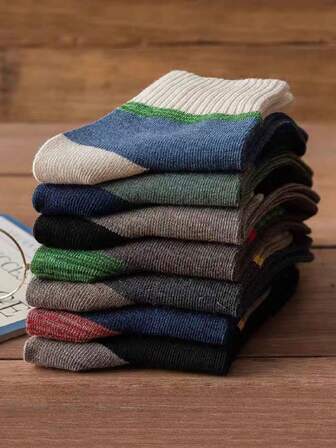 5 Pairs Mixed Color Mid-Calf Socks For Men, Cotton Antibacterial Odor-Resistant Thick Socks For Spring/Autumn/Winter, Random Assortment