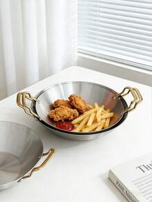 1pc Minimalist Korean Style Stainless Steel Dual-Ear Round Tray, Large Capacity Salad, Western Dish, Fried Chicken, Fries, Burger, Dumpling, Snack, Cake, Bread Serving Plate