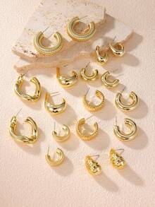 2-18pcs Fashionable & Elegant Geometric Water Drop C-Shaped Threaded Gold Tone Earrings Set, Suitable For Women's Daily Wear, Multi-Functional Earrings For Party, Date, Holiday And Travel - Gold - View 2