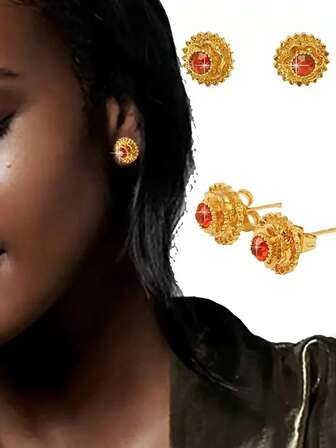 Exquisite Tiny Flower Shaped Stud Earrings - Copper Plated Vintage Jewelry With Red Rhinestones For Women - Delicate, Dainty, And Elegant Accessories For Any Occasion