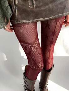 1件性感镂空蕾丝连裤袜，薄网眼丝袜，灰色星形渔网袜，女士春夏款 - 彩色 - 查看 7