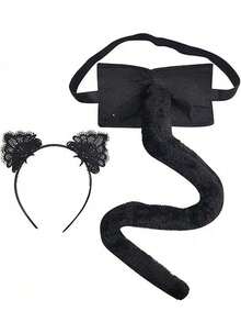 Bộ 2 món gồm mũ đội đầu hình động vật, băng đô tai mèo và đuôi thú nhồi bông dễ thương. Thích hợp cho các bữa tiệc, khiêu vũ, trang phục biểu diễn và đạo cụ. - màu đen - Xem 2
