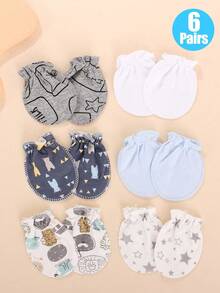 6双新生儿防抓手套，0-6个月宝宝适用，柔软针织，可爱动物图案，腕部可调节，必备婴儿用品，送给新妈妈的礼物 - 6雙男孩色系 - 查看 1