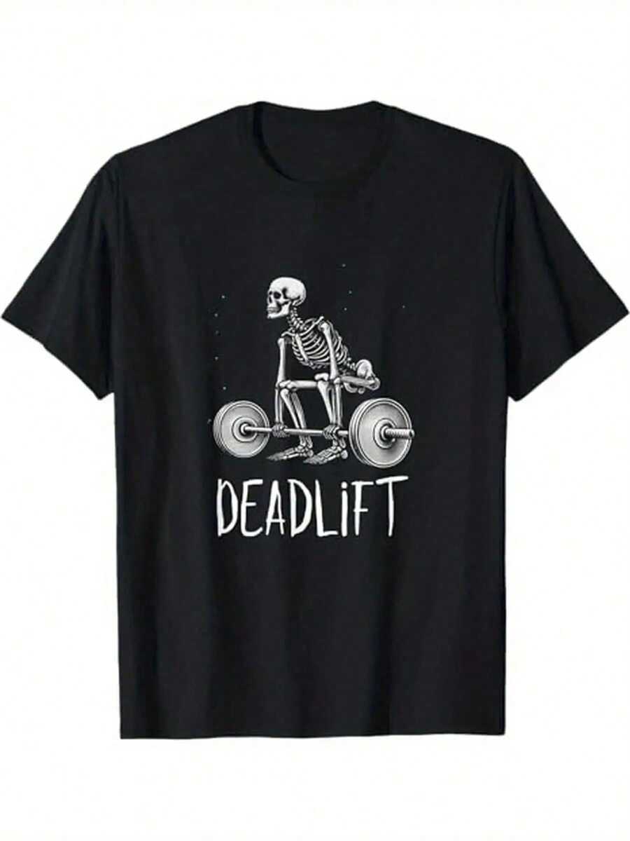 Camiseta gráfica de esqueleto de levantamiento de pesas 100% algodón para hombres - Camiseta de gimnasio de ajuste holgado y transpirable, top de entrenamiento casual para todas las estaciones con cuello redondo, regalo de vacaciones lavable a máquina, accesorios de gimnasio - Negro - Ver 1