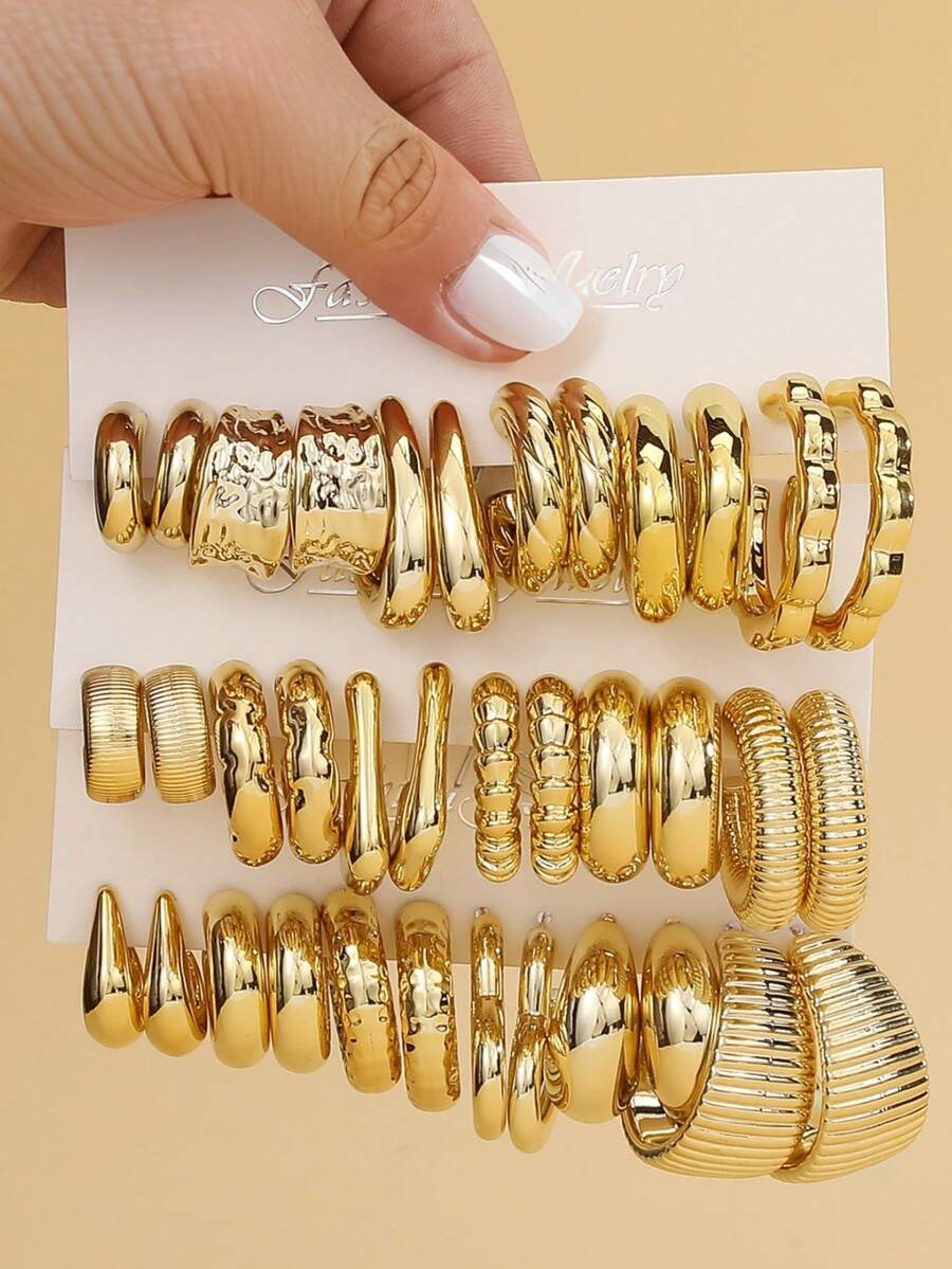 6PAIRS-18PAIRS New Fashion Plastic Material With Golden-Plating Geometric Earring Set, Exaggerated Personalized, Suitable For Women's Daily Wear In All Seasons - Gold - View 1