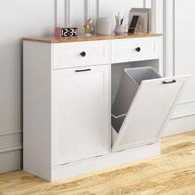 Vabches Double Tilt Out Trash Can Cabinet With 2 Drawers, Dog-Proof Trash Can Holder Without Garbage Bins, Wood Hidden Laundry Hamper Cabinet Recycling Cabinet For Bathroom, Kitchen, Living Room, White - White - View 4