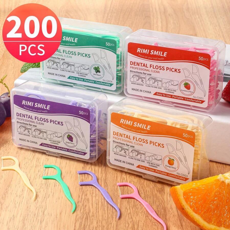 200 Pieces - Fresh Fruit Flavored Dental Floss With 4 Different Flavors, Strawberry, Grape, Orange, And Mint Flavors, Ultra-Fine Dental Floss For Oral Cleaning And Food Residue - Multiple Oral Care, Home And Travel Interdental Cleaning Supplies - Multicolor - View 1