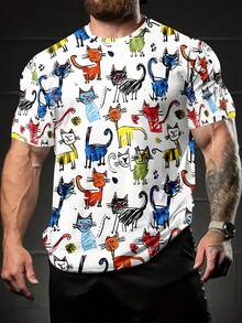 Men's 3D Print Cat Face Novelty T-Shirt - Colorful Cartoon Cats With Expressive Eyes, Round Neck Short Sleeve Casual Summer Tee, Breathable & Machine Washable For Themed Events & Casual Attire - Màu sắc hỗn hợp - Xem 4