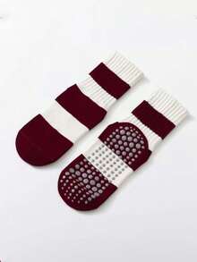 Giao hàng ngẫu nhiên 1/2/3/5 đôi, tất cổ cao kẻ sọc đỏ có nơ Encore dành cho nữ, thích hợp cho khiêu vũ, Pilates, thể thao trong nhà, tất yoga chống trơn trượt. - Nhiều màu - Xem 11