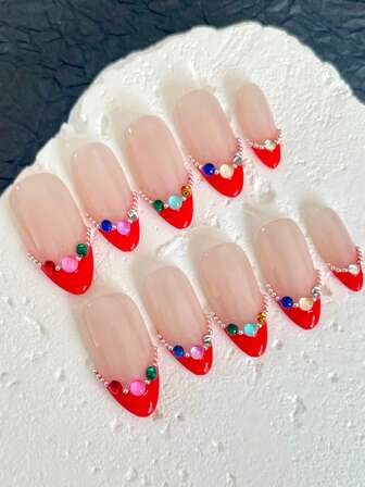 10-Piece Short Almond Pure Handmade French Press-On Nails, Sparkling Accessories, Beads, Simple French Tips, Suitable For All Ladies For Daily Wear And Parties, Holiday Gift For Women