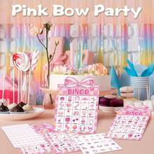 33 Pcs/1 Set, Pink Bow Party Bingo Game Set, 24 Player Cards (24 Different Patterns), 7 Marking Cards (70 Stickers), 1 Calling Card And 1 Game Instructions Card, Pink Theme Party Game, Perfect For Girl's Birthday Parties, BFF Gatherings - Multicolor - View 4