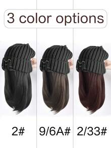 合成假发帽 可爱假发帽，帽子接发 直发黑色假发帽 带合成发片 女士女孩冬季 - 冷棕色/棕色/黑色 - 彩色 - 查看 5