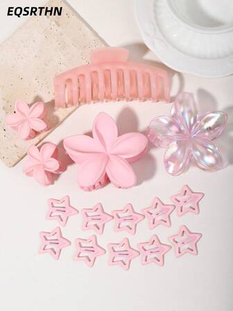 15-delars rosa hårspänneset, inklusive hårspänne i krepmyrten + hårspänne i pentagramstil + hårklämma i ben, mjuka och söta rosa blommor, stjärnor och håraccessoarer i ben, sött och mångsidigt frisyrset för kvinnor, vardag, pendling, dejt