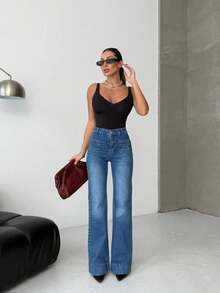 SQUALO Women's Wide Leg Color With Pocket Details Destroyed Retro Washed Street Style Jeans Ripped And Cutout Wide Leg Jeans ,Petite Women - Navy Blue - View 5