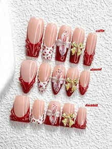 10Pcs Late Autumn Red Style Handmade Press On Nail,Polygel Nail Set,Leopard Fake,Flowers,Red,White Nail Polish,Personality Style,Includes Nail Tools,3 Sizes Available,Almond,Duck,Coffin Nails For Party,Dance,Daily Wear. - 彩色 - 查看 1
