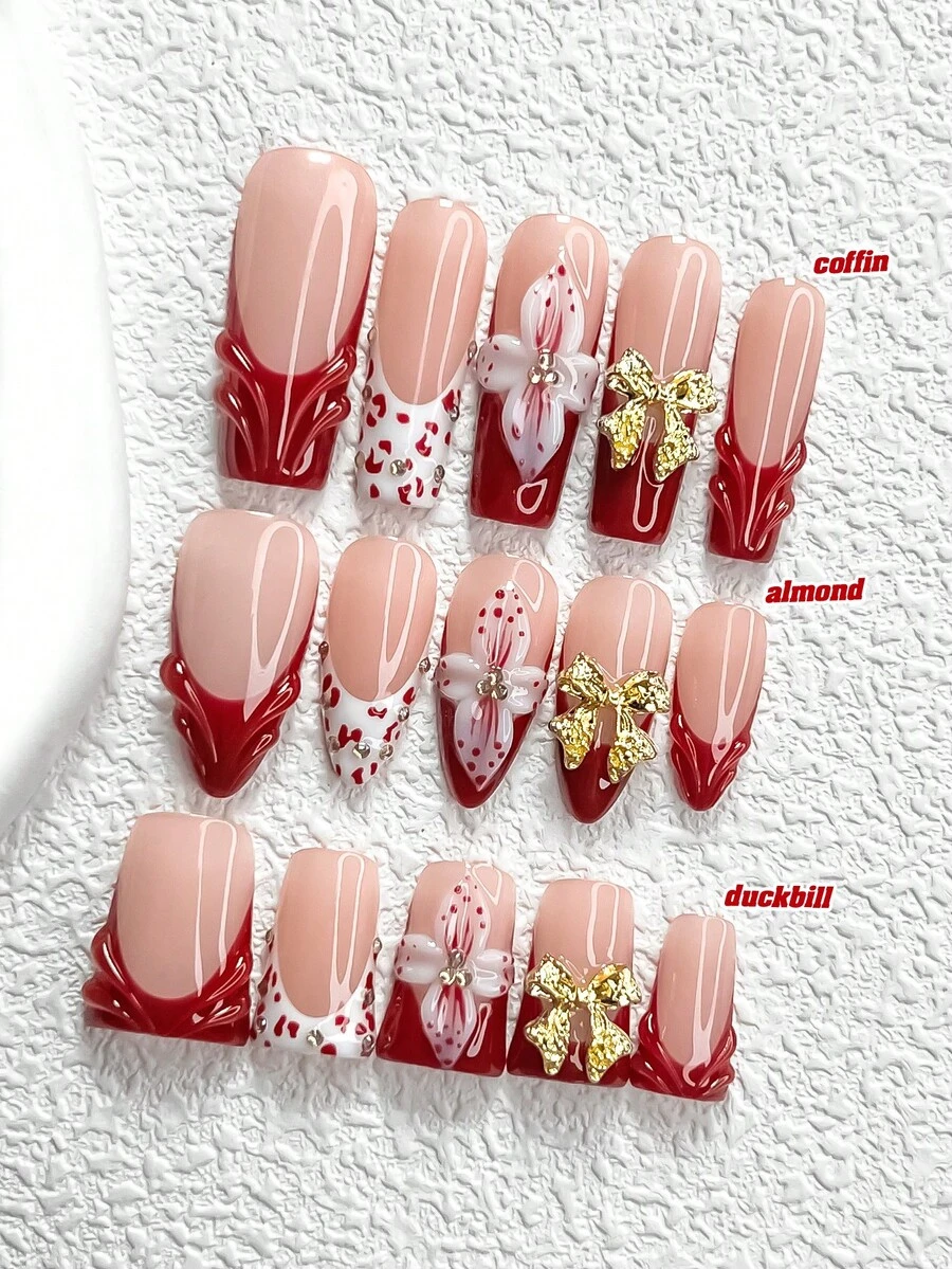 10Pcs Late Autumn Red Style Handmade Press On Nail,Polygel Nail Set,Leopard Fake,Flowers,Red,White Nail Polish,Personality Style,Includes Nail Tools,3 Sizes Available,Almond,Duck,Coffin Nails For Party,Dance,Daily Wear. - 彩色 - 查看 1