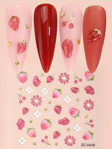 2pcs 5D 3D Nail Art Stickers - Cute Cartoon Strawberry Cherry Fruit & Floral Designs With Golden Polka Dots, Self-Adhesive Glossy Resin Decals For Women S DIY Manicure Pedicure, Daily Nail Decor, Nail Stickers, Pedicure Accessories, Shiny Finish - Nhiều màu - Xem 4