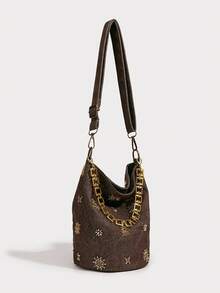 小众设计铆钉刺绣水桶包，夏季牛仔效果单肩包，新款中国风时尚百搭通勤休闲斜挎包，女士款 - 咖啡 - 查看 6