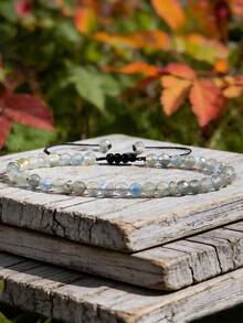 天然月光石水晶极简精致可调节手链 - 多面切割灰色月光石编织饰品，送给拥有神圣女性能量和月亮能量、象征新开始的女性的礼物 - 彩色 - 查看 4