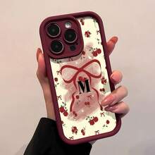 Estuche para teléfono con inicial de cinta rosa Compatible con estuches para teléfonos   17  16 Pro Max  15 Pro Max  13 y  12 Hecho de material TPU a prueba de caídas, resistente al desgaste y cómodo de sostener Un gran regalo para familiares, amigos, seres queridos, novios / novias y para Navidad - Vino tinto - Ver 1