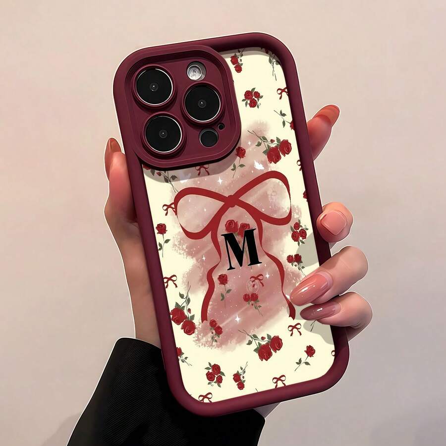Estuche para teléfono con inicial de cinta rosa Compatible con estuches para teléfonos   17  16 Pro Max  15 Pro Max  13 y  12 Hecho de material TPU a prueba de caídas, resistente al desgaste y cómodo de sostener Un gran regalo para familiares, amigos, seres queridos, novios / novias y para Navidad - Vino tinto - Ver 1
