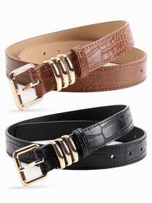 High-Quality Crocodile Embossed Faux Leather Retro Alloy Buckle Women's Belt, Slim Waist Belt For Women's Dresses And Jeans, Minimalist, Casual, Elegant Solid Color Women's Belt, Versatile Belt Suitable For Dresses And Pants, Daily Wear - Fashion Belts - View 7