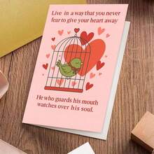 1pc Inspirational Quote Card With Envelope (11cm16cm & 4.33in6.29in) - "Live In A Way That You Never Fear To Give Your Heart Away" On Soft Pink Background With A Green Bird In A Cage And Floating Hearts, Perfect For Encouraging Openness And Emotional Courage, Thoughtful Greeting Card | Motivational Card | Paper Card - Multicolor - View 11