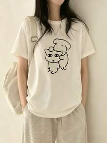 日系女式宽松休闲圆领卡通印花短袖T恤，春夏款 白色 - 白色 - 查看 2