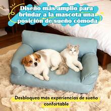Sofá para Mascotas Vintage de Piel Sintética, Cama Elegante para Perros y Gatos, Base Antideslizante, Fácil de Limpiar, Grande (75x50x26cm), Naranja/Azul - Neblina azul - Ver 3