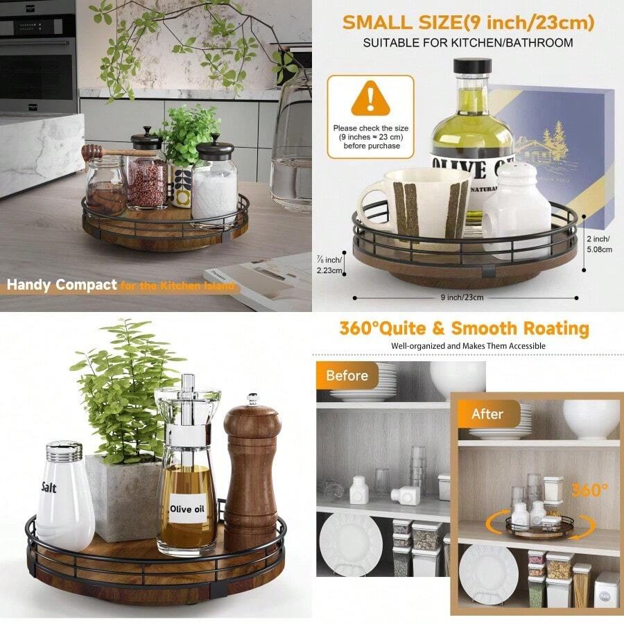 Farmhouse Oak 9" Lazy Susan Turntable Organizer For Cabinet Round Wooden Lazy Susan Organization And Storage For Dining Table Pantry Kitchen Countertop Cupboard Home Decor Walnut Wood - Walnut+9 - View 1